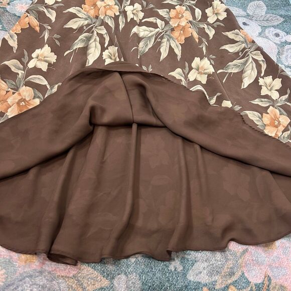 Vintage Silk Maxi A-Line Skirt Womens Sz 8 Brown cream Floral Lined Midi Flowy - Picture 7 of 16